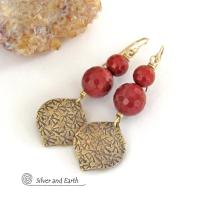 Red Jasper & Gold Brass Dangle Earrings - Elegant Modern Chic Faceted Gemstone Jewelry