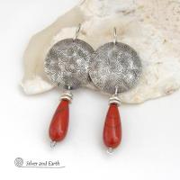 Textured Sterling Silver Earrings with Red Jasper Stones - Bold Modern Handcrafted Jewelry