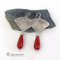 Textured Sterling Silver Earrings with Red Jasper Gemstones - Handcrafted Modern Silver Jewelry