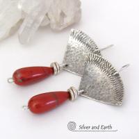 Textured Sterling Silver Earrings with Red Jasper Gemstones - Handcrafted Modern Silver Jewelry
