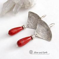 Textured Sterling Silver Earrings with Red Jasper Gemstones - Handcrafted Modern Silver Jewelry