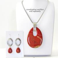 Sterling Silver Oval Hoop Dangle Earrings with Natural Red Jasper Stones
