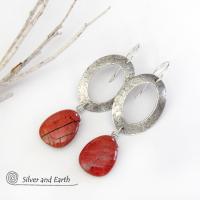 Sterling Silver Oval Hoop Dangle Earrings with Natural Red Jasper Stones