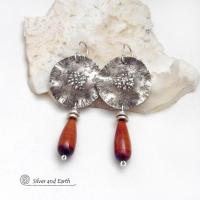 Textured Sterling Silver Earrings with Dangling Red Tigers Eye Stones - Unique Handmade Sterling Jewelry
