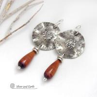 Textured Sterling Silver Earrings with Dangling Red Tigers Eye Stones - Unique Handmade Sterling Jewelry