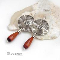 Textured Sterling Silver Earrings with Dangling Red Tigers Eye Stones - Unique Handmade Sterling Jewelry