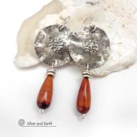 Textured Sterling Silver Earrings with Dangling Red Tigers Eye Stones - Unique Handmade Sterling Jewelry