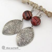 Textured Sterling Silver Earrings with Red Tiger's Eye Stones - Earthy Natural Gemstone Jewelry