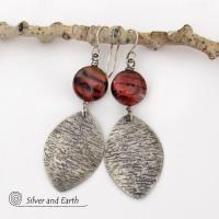 Textured Sterling Silver Earrings with Red Tiger's Eye Stones - Earthy Natural Gemstone Jewelry