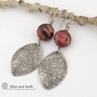 Textured Sterling Silver Earrings with Red Tiger's Eye Stones - Earthy Natural Gemstone Jewelry