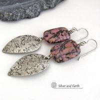 Pink and Black Rhodonite Natural Gemstone Earrings with Sterling Silver Dangles