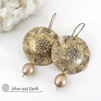 Round Gold Brass Dangle Earrings with Gold Pearls - Artisan Handmade Modern Chic Jewelry 