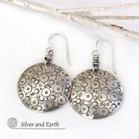 Round Sterling Silver Earrings with Hand Stamped Circle Design - Unique Handmade Artisan Jewelry