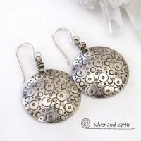 Round Sterling Silver Earrings with Hand Stamped Circle Design - Unique Handmade Artisan Jewelry