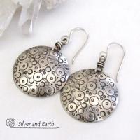 Round Sterling Silver Earrings with Hand Stamped Circle Design - Unique Handmade Artisan Jewelry