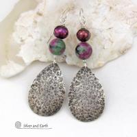Sterling Silver Teardrop Earrings with Faceted Ruby Zoisite Gemstones and Purple Freshwater Pearls