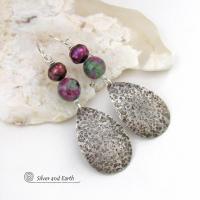 Sterling Silver Teardrop Earrings with Faceted Ruby Zoisite Gemstones and Purple Freshwater Pearls