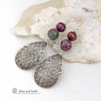 Sterling Silver Teardrop Earrings with Faceted Ruby Zoisite Gemstones and Purple Freshwater Pearls