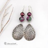 Sterling Silver Teardrop Earrings with Faceted Ruby Zoisite Gemstones and Purple Freshwater Pearls