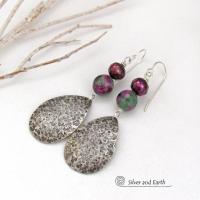 Sterling Silver Teardrop Earrings with Faceted Ruby Zoisite Gemstones and Purple Freshwater Pearls