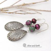 Sterling Silver Teardrop Earrings with Faceted Ruby Zoisite Gemstones and Purple Freshwater Pearls