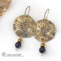 Hammered Gold Brass Earrings with Blue Goldstone Dangles - Earthy Modern Chic Artisan Handmade Jewelry