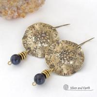 Hammered Gold Brass Earrings with Blue Goldstone Dangles - Earthy Modern Chic Artisan Handmade Jewelry