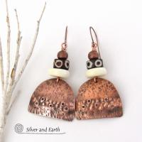 Rustic Hammered Copper Earrings with African Beads - Ethnic Tribal Style Jewelry