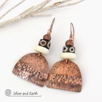 Rustic Hammered Copper Earrings with African Beads - Ethnic Tribal Style Jewelry