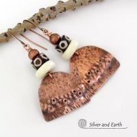 Rustic Hammered Copper Earrings with African Beads - Ethnic Tribal Style Jewelry