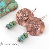 Rustic Copper Earrings with Earthy Organic Texture and Natural African Turquoise Stones