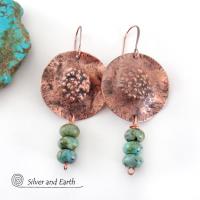 Rustic Copper Earrings with Earthy Organic Texture and Natural African Turquoise Stones