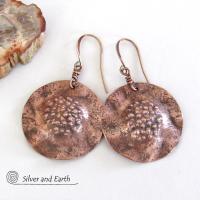 Solid Copper Earrings with Hammered Rustic Earthy Organic Texture, Edgy Modern Contemporary Artisan Hand Forged Metal Jewelry