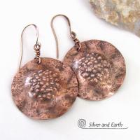 Solid Copper Earrings with Hammered Rustic Earthy Organic Texture, Edgy Modern Contemporary Artisan Hand Forged Metal Jewelry