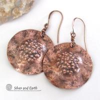 Solid Copper Earrings with Hammered Rustic Earthy Organic Texture, Edgy Modern Contemporary Artisan Hand Forged Metal Jewelry