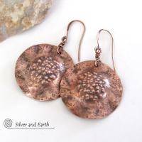 Solid Copper Earrings with Hammered Rustic Earthy Organic Texture, Edgy Modern Contemporary Artisan Hand Forged Metal Jewelry