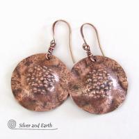 Solid Copper Earrings with Hammered Rustic Earthy Organic Texture, Edgy Modern Contemporary Artisan Hand Forged Metal Jewelry