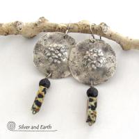 Rustic Hammered Sterling Silver Earrings with Dalmatian Jasper and Black Lava Stones