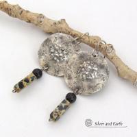 Rustic Hammered Sterling Silver Earrings with Dalmatian Jasper and Black Lava Stones