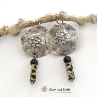 Rustic Hammered Sterling Silver Earrings with Dalmatian Jasper and Black Lava Stones