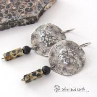 Rustic Hammered Sterling Silver Earrings with Dalmatian Jasper and Black Lava Stones