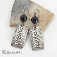 Black Onyx and Sterling Silver Earrings with Hammered & Stamped Texture - Artisan Handcrafted Earthy Rustic Organic Modern Jewelry