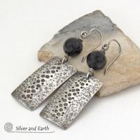 Black Onyx and Sterling Silver Earrings with Hammered & Stamped Texture - Artisan Handcrafted Earthy Rustic Organic Modern Jewelry