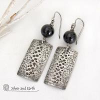 Black Onyx and Sterling Silver Earrings with Hammered & Stamped Texture - Artisan Handcrafted Earthy Rustic Organic Modern Jewelry