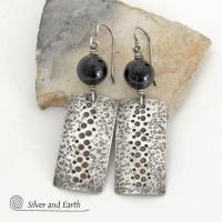 Black Onyx and Sterling Silver Earrings with Hammered & Stamped Texture - Artisan Handcrafted Earthy Rustic Organic Modern Jewelry