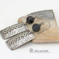 Black Onyx and Sterling Silver Earrings with Hammered & Stamped Texture - Artisan Handcrafted Earthy Rustic Organic Modern Jewelry