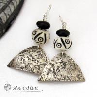 Sterling Silver Earrings with African Bone & Matte Black Beads - Bold Ethnic Tribal Style Jewelry