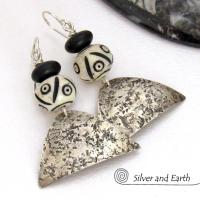 Sterling Silver Earrings with African Bone & Matte Black Beads - Bold Ethnic Tribal Style Jewelry