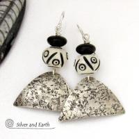 Sterling Silver Earrings with African Bone & Matte Black Beads - Bold Ethnic Tribal Style Jewelry
