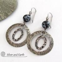 Sterling Silver Double Hoop Earrings with Black Snowflake Obsidian Stones - Artisan Handmade Bold Modern Contemporary Jewelry
